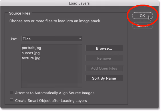 Опции загрузки фото в Photoshop